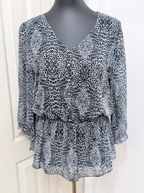 Wish Black White Animal Print Blouse Peplum Gold Button Front Large